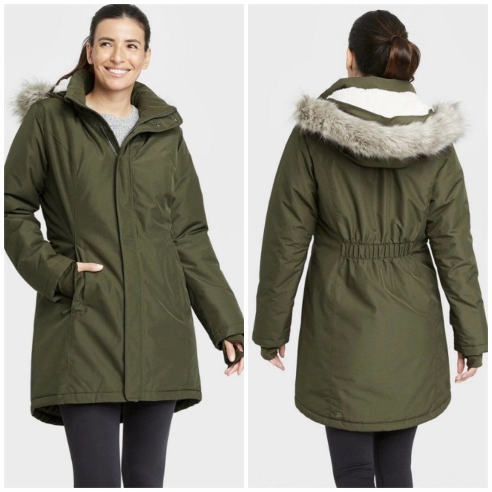 All In Motion Women’s Faux Fur Hooded Parka Winter Snow Jacket XL Olive Green